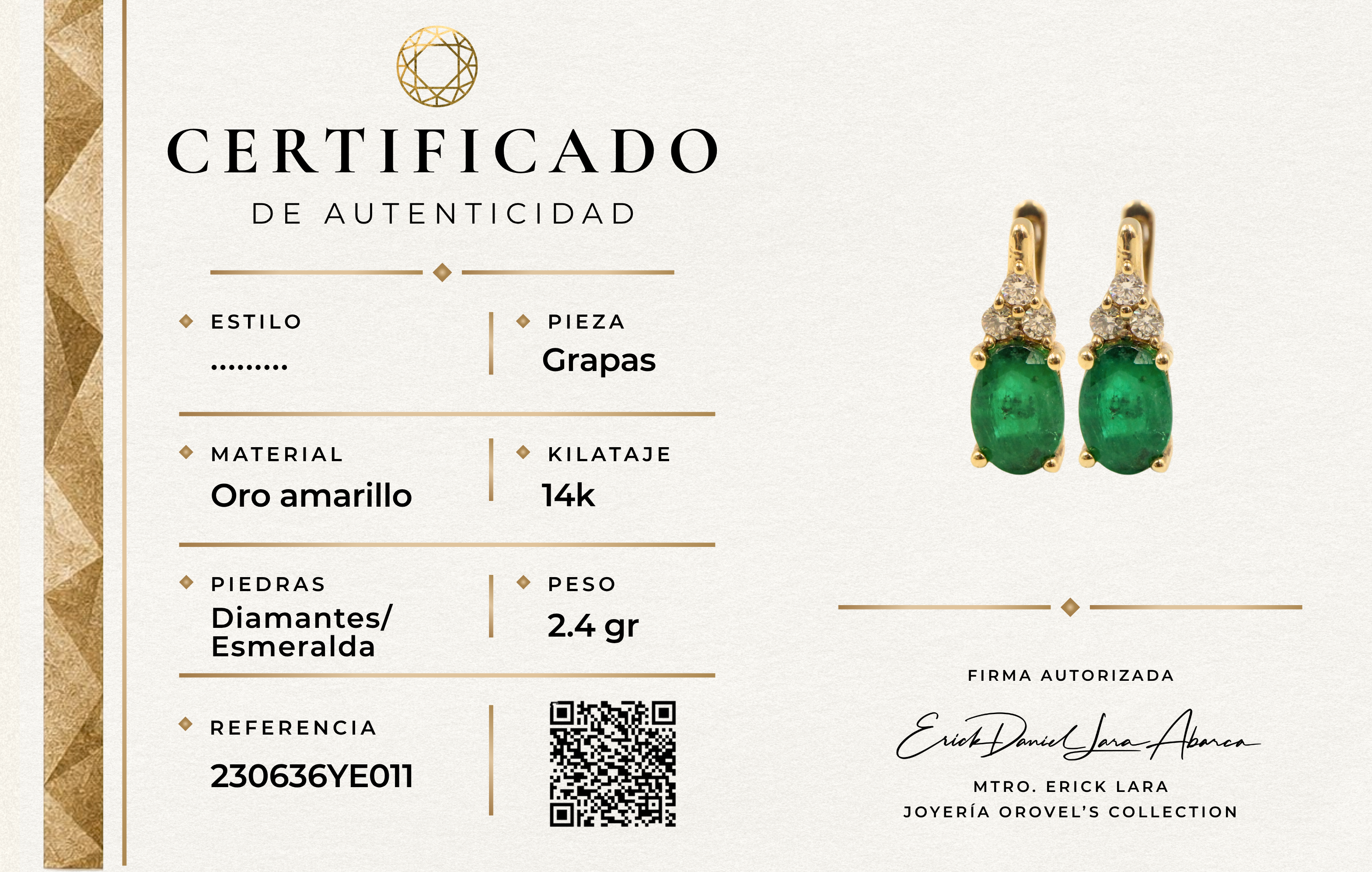 GRAPAS ESMERALDA Y DIAMANTES ORO 14K