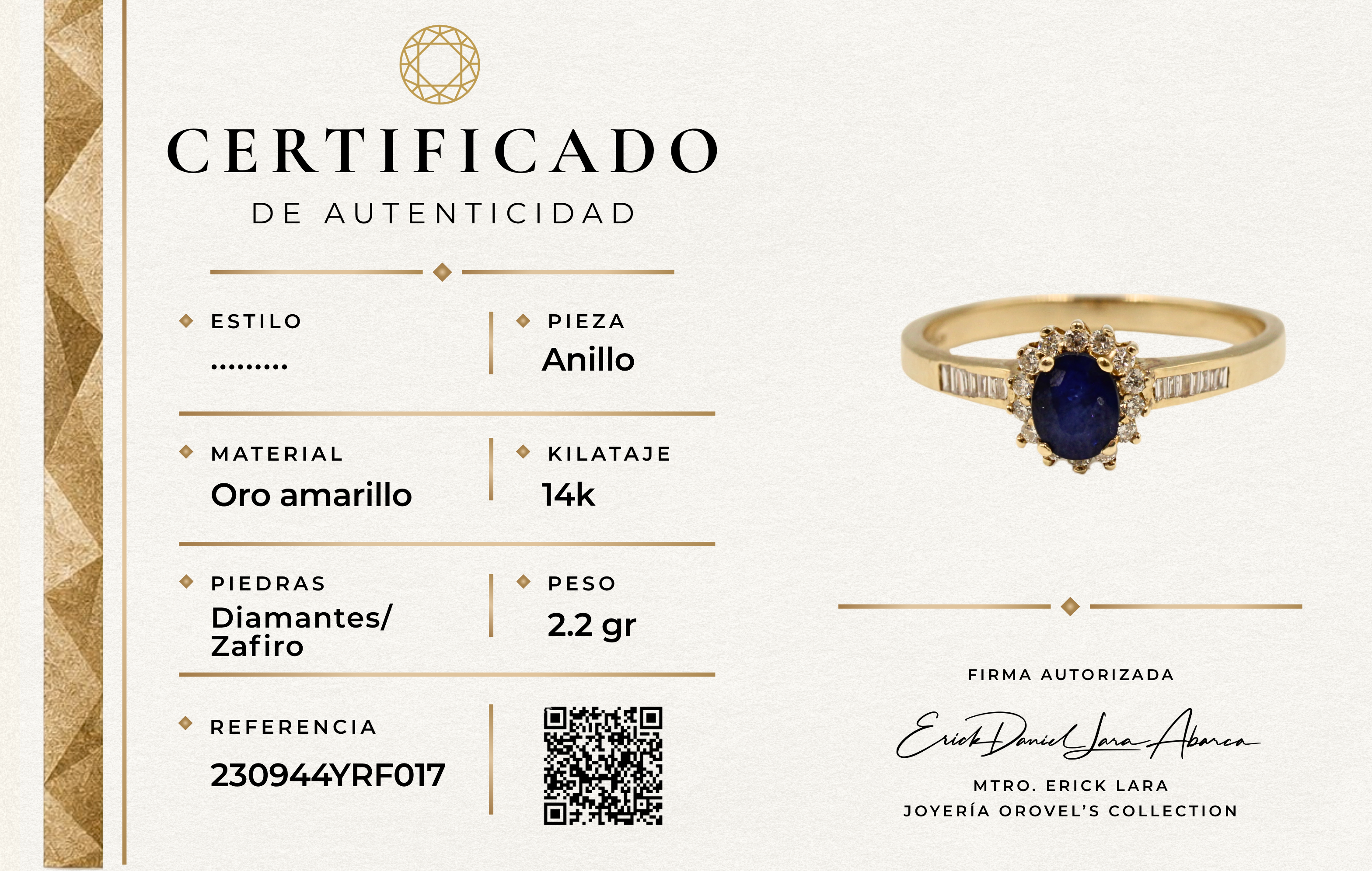 ANILLO ZAFIRO Y DIAMANTES ORO 14K