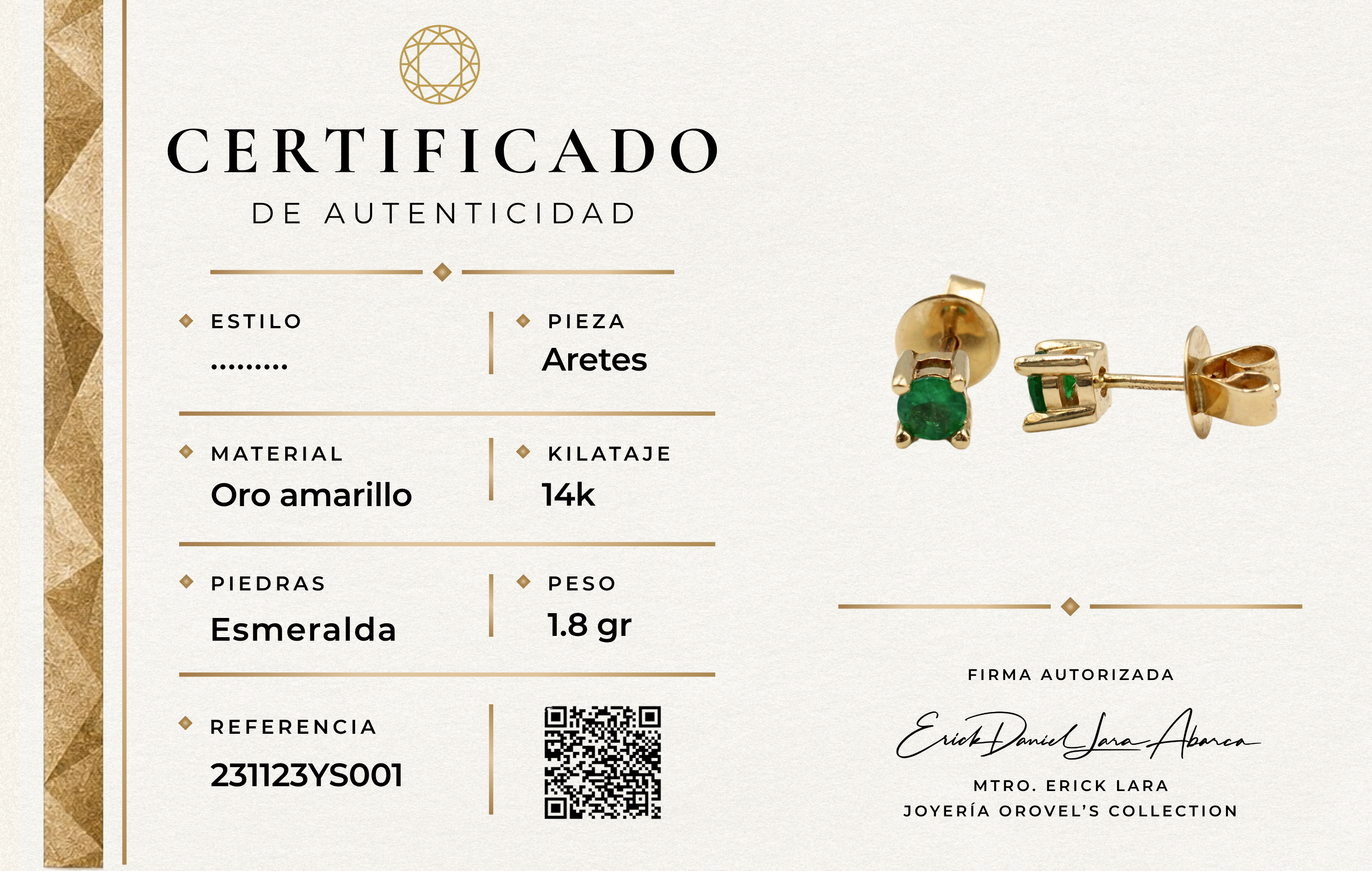 ARETES ESMERALDA ORO 14K