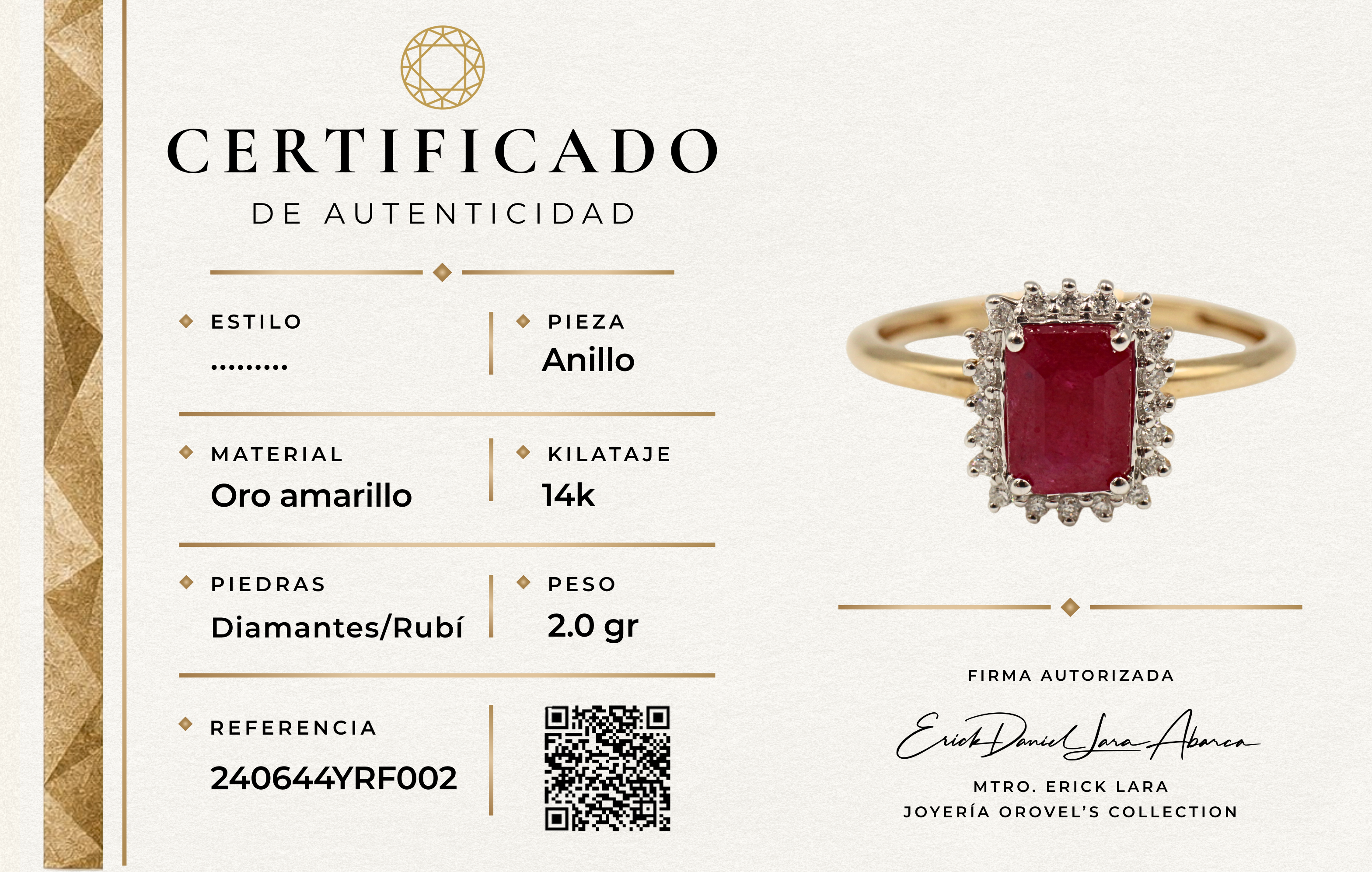 ANILLO RUBÍ Y DIAMANTES ORO 14K