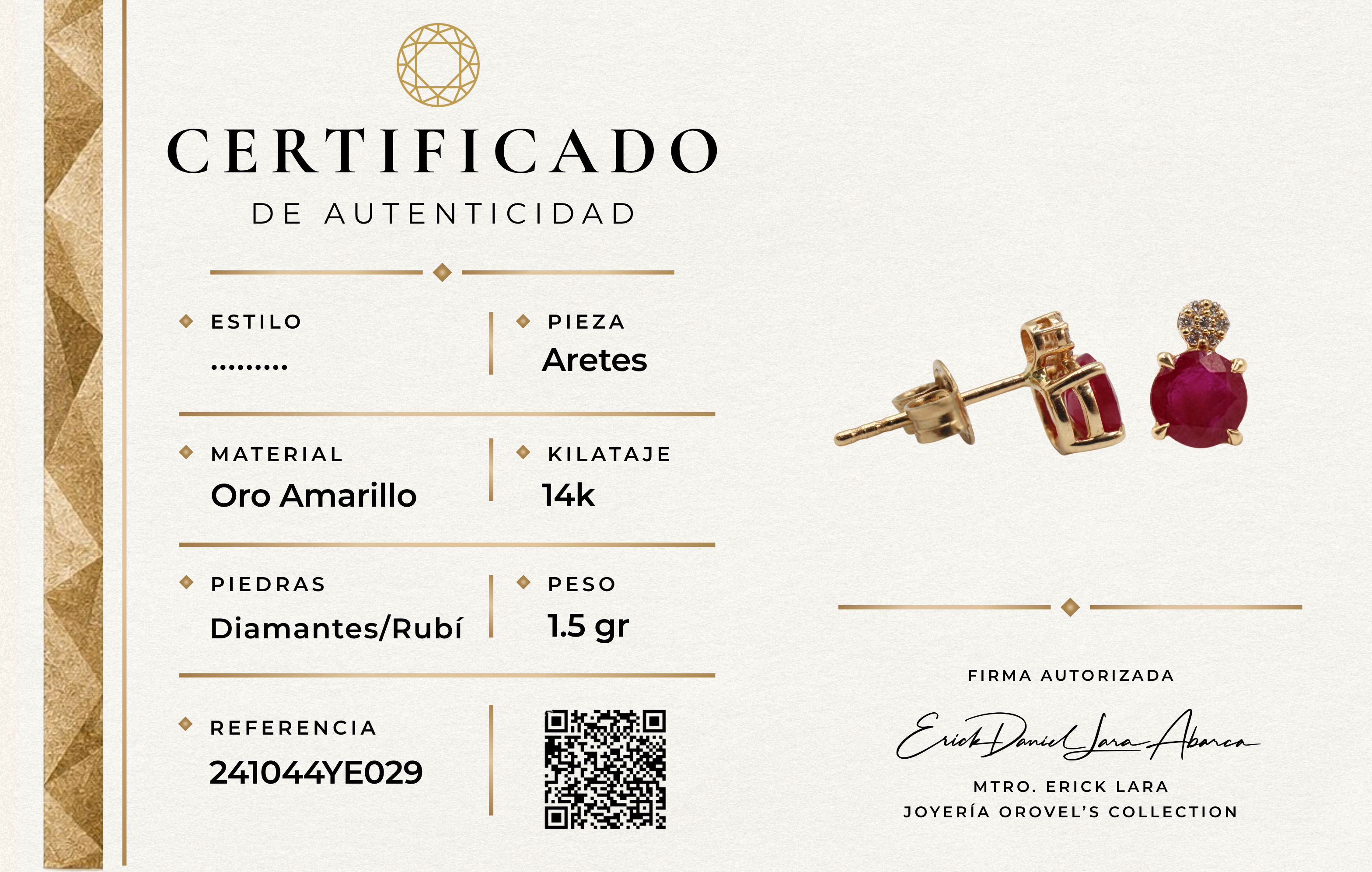 ARETE RUBÍ EN ORO 14K