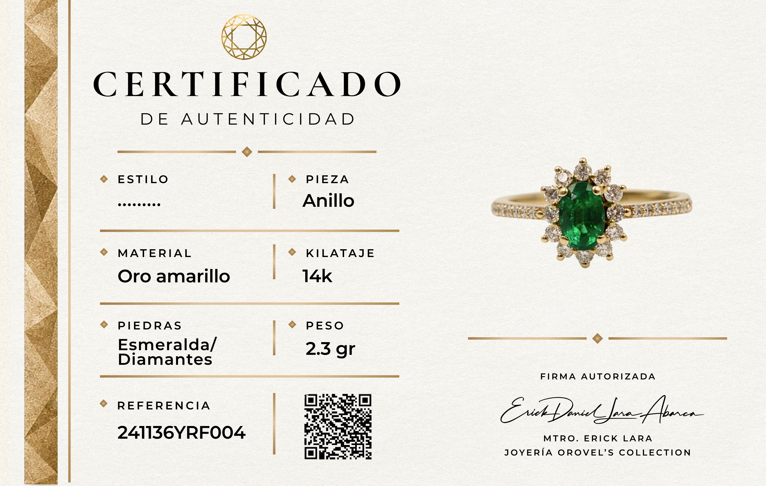 ANILLO ESMERALDA Y DIAMANTES ORO 14K