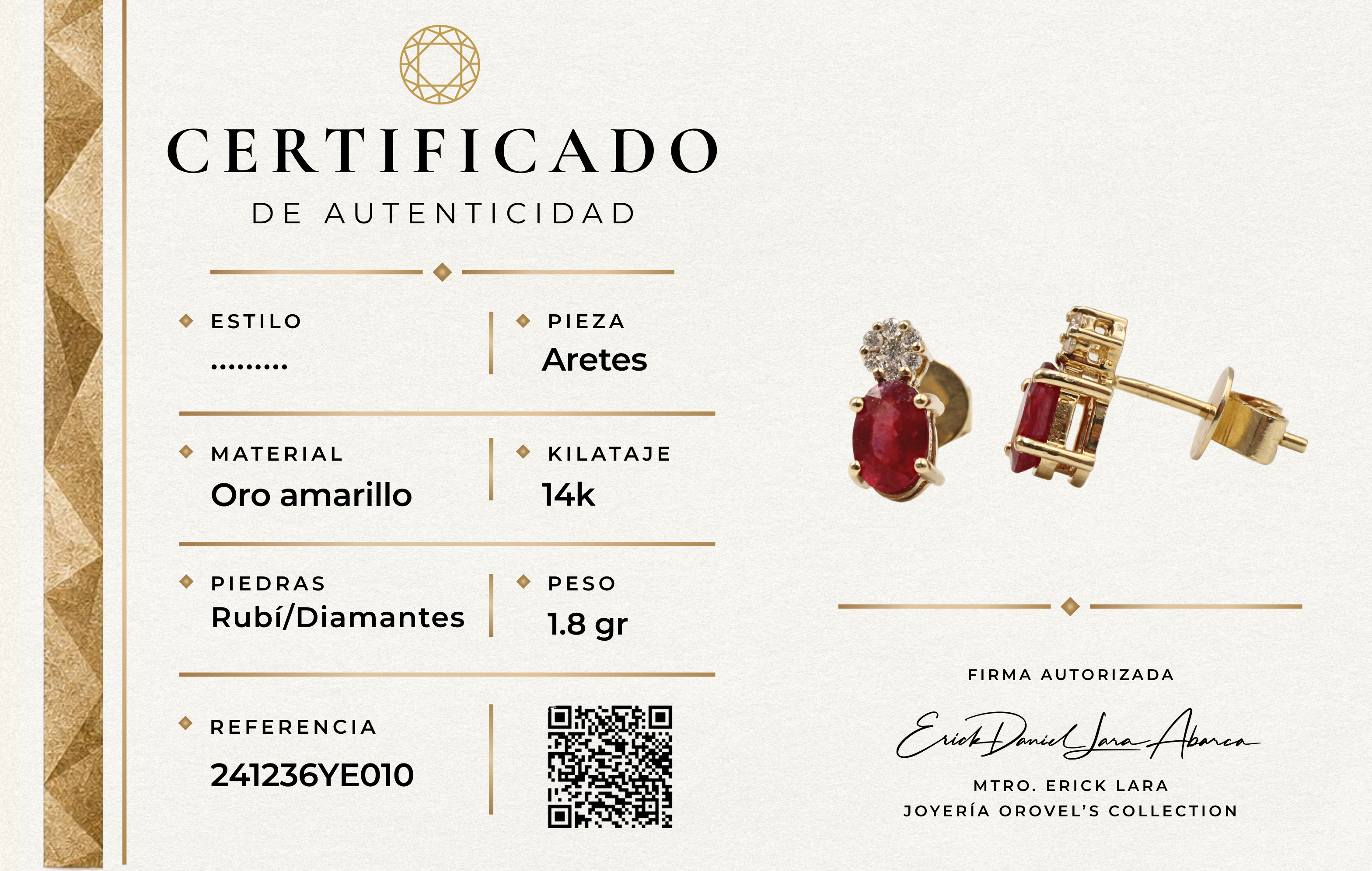 ARETES RUBÍ Y DIAMANTES ORO 14K