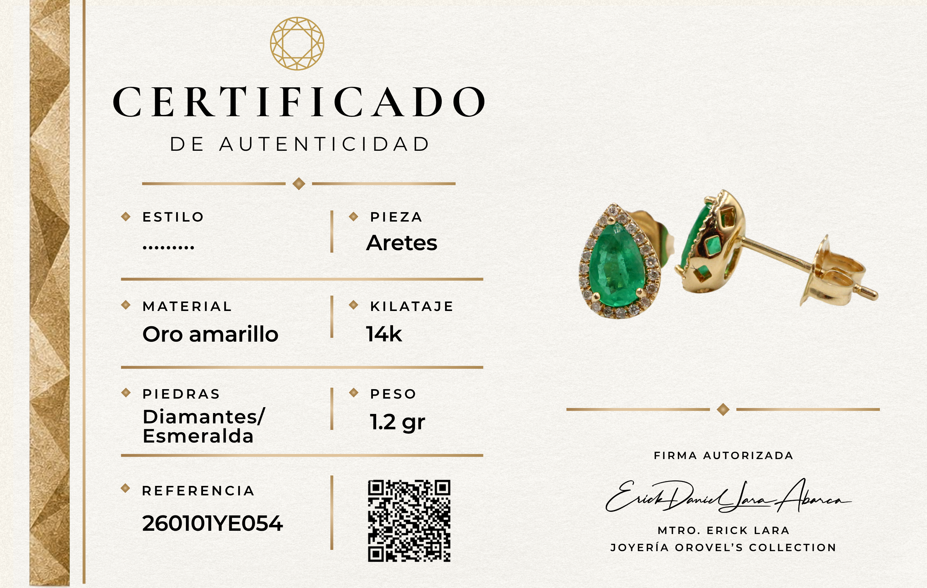 ARETES ESMERALDA Y DIAMANTES ORO 14K
