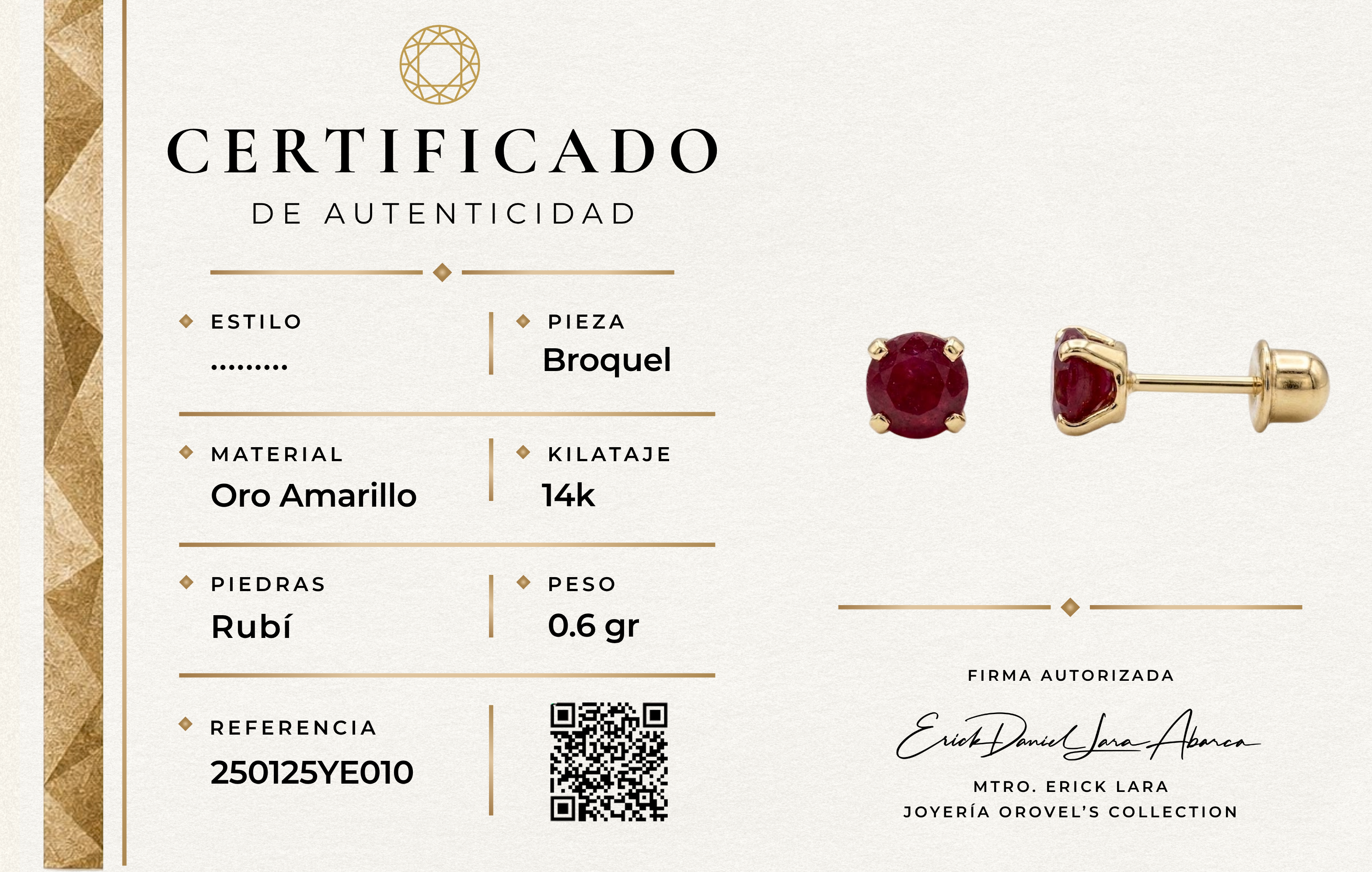BROQUEL RUBÍ ORO 14K