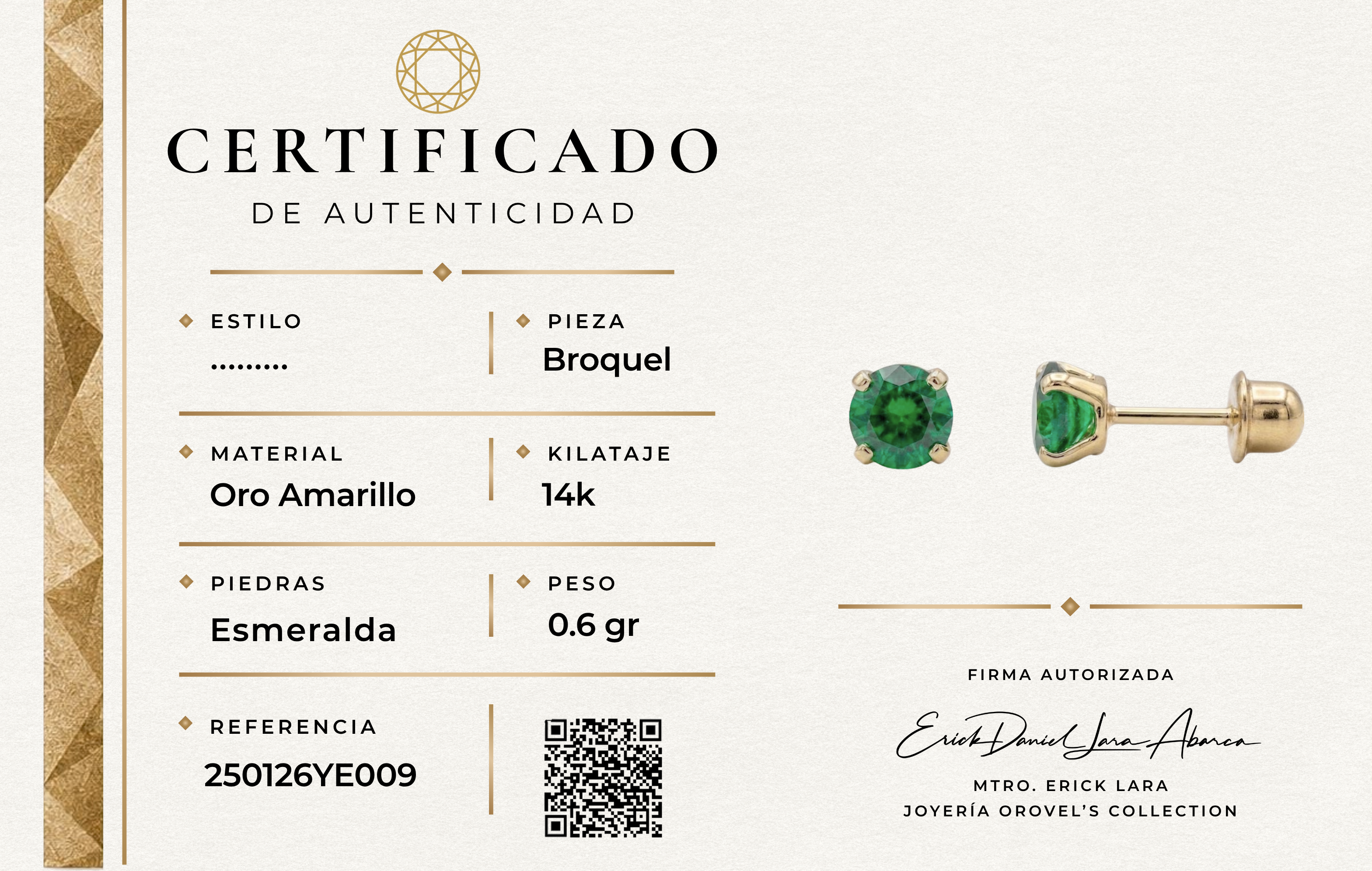 BROQUEL ESMERALDA ORO 14K