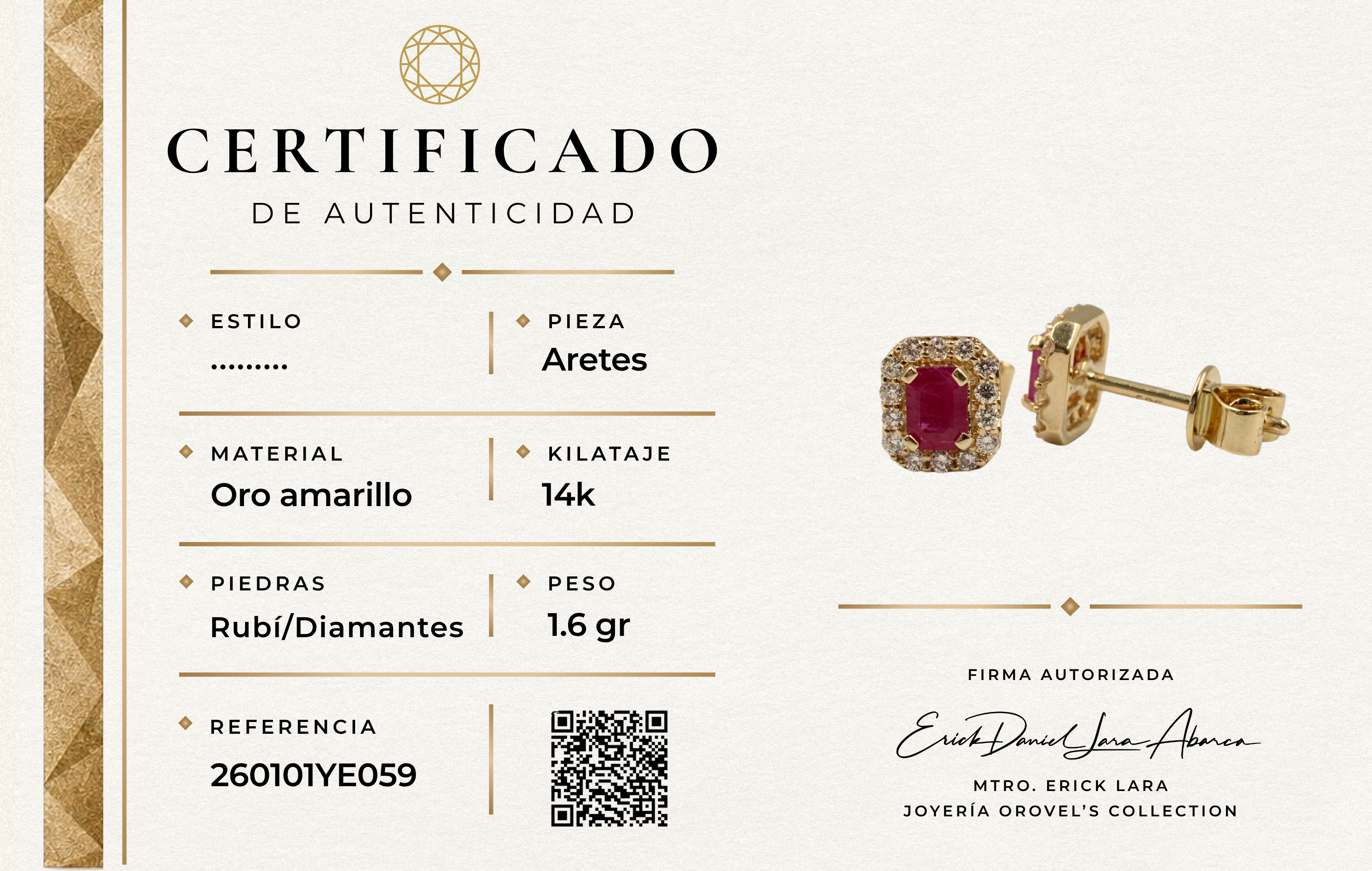 ARETES RUBÍ Y DIAMANTES ORO 14K