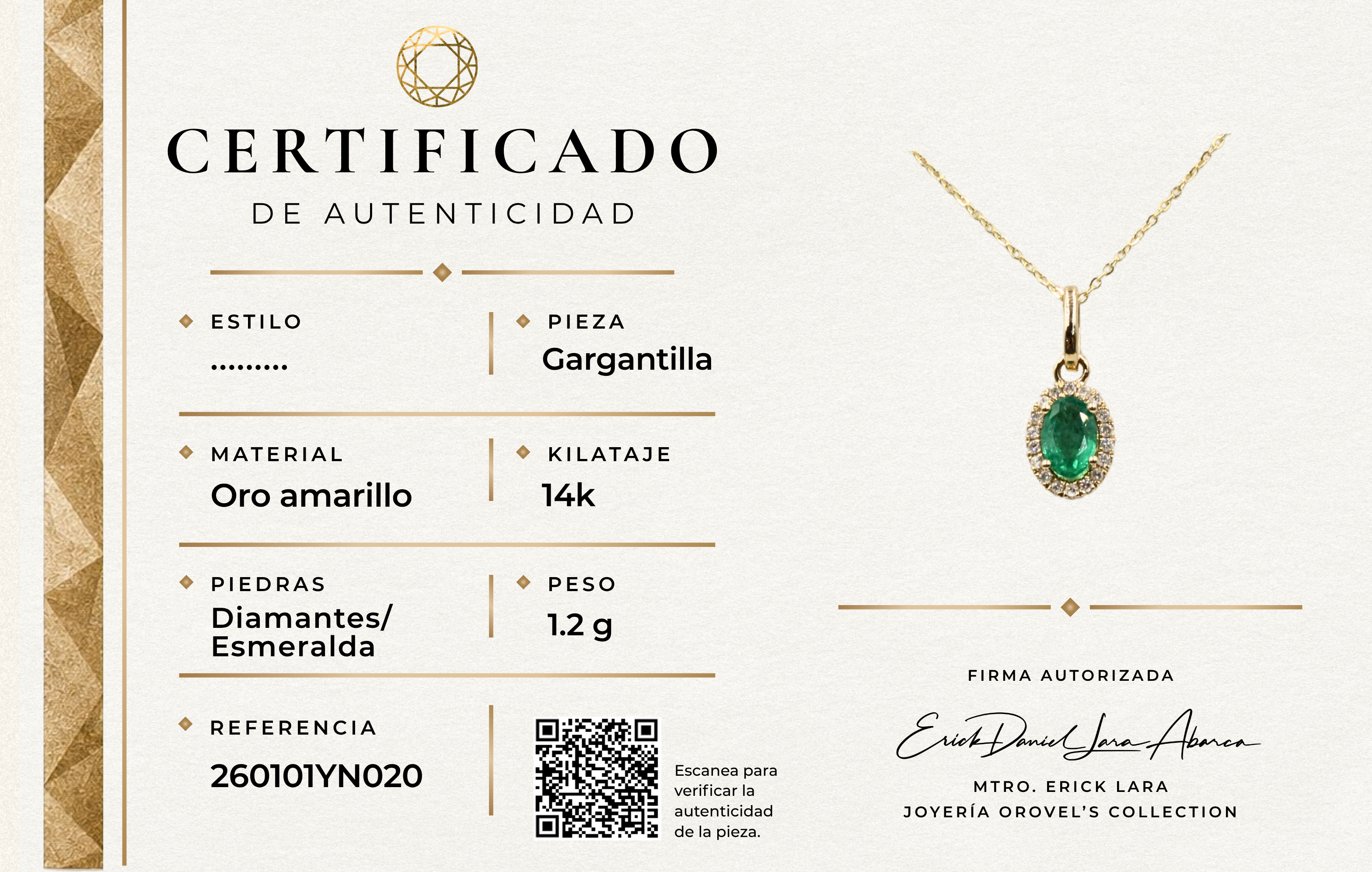 GARGANTILLA ESMERALDA Y DIAMANTES ORO 14K