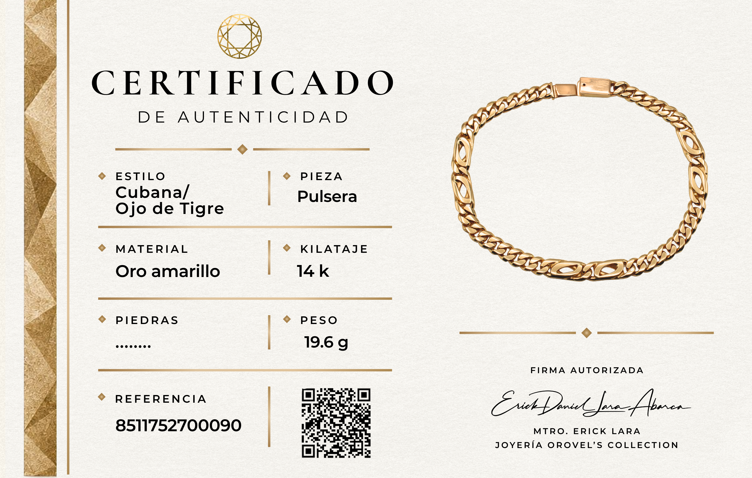 PULSERA CUBANA / OJO DE TIGRE ORO 14K