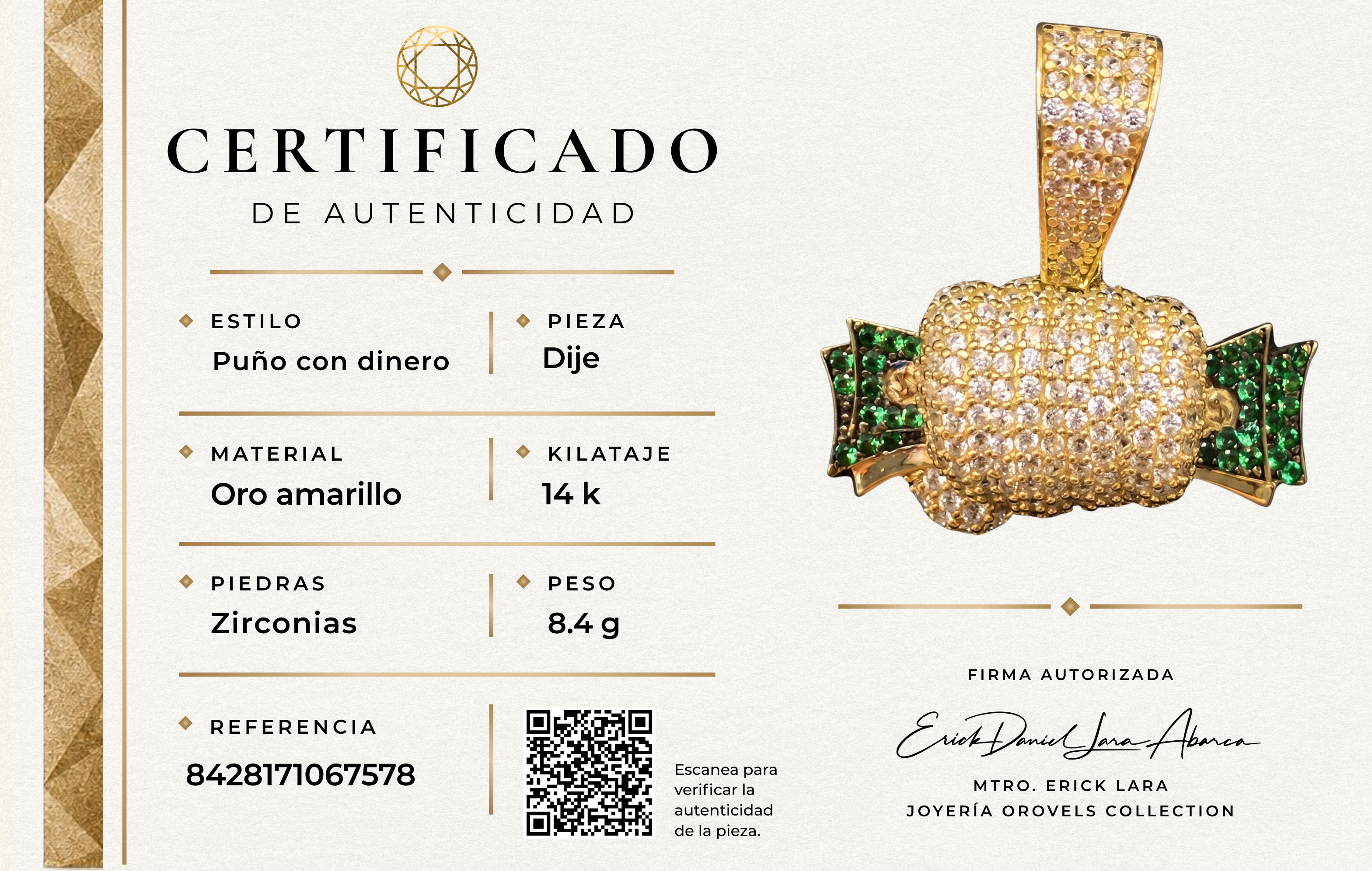 DIJE PUÑO CON DINERO ORO 14K