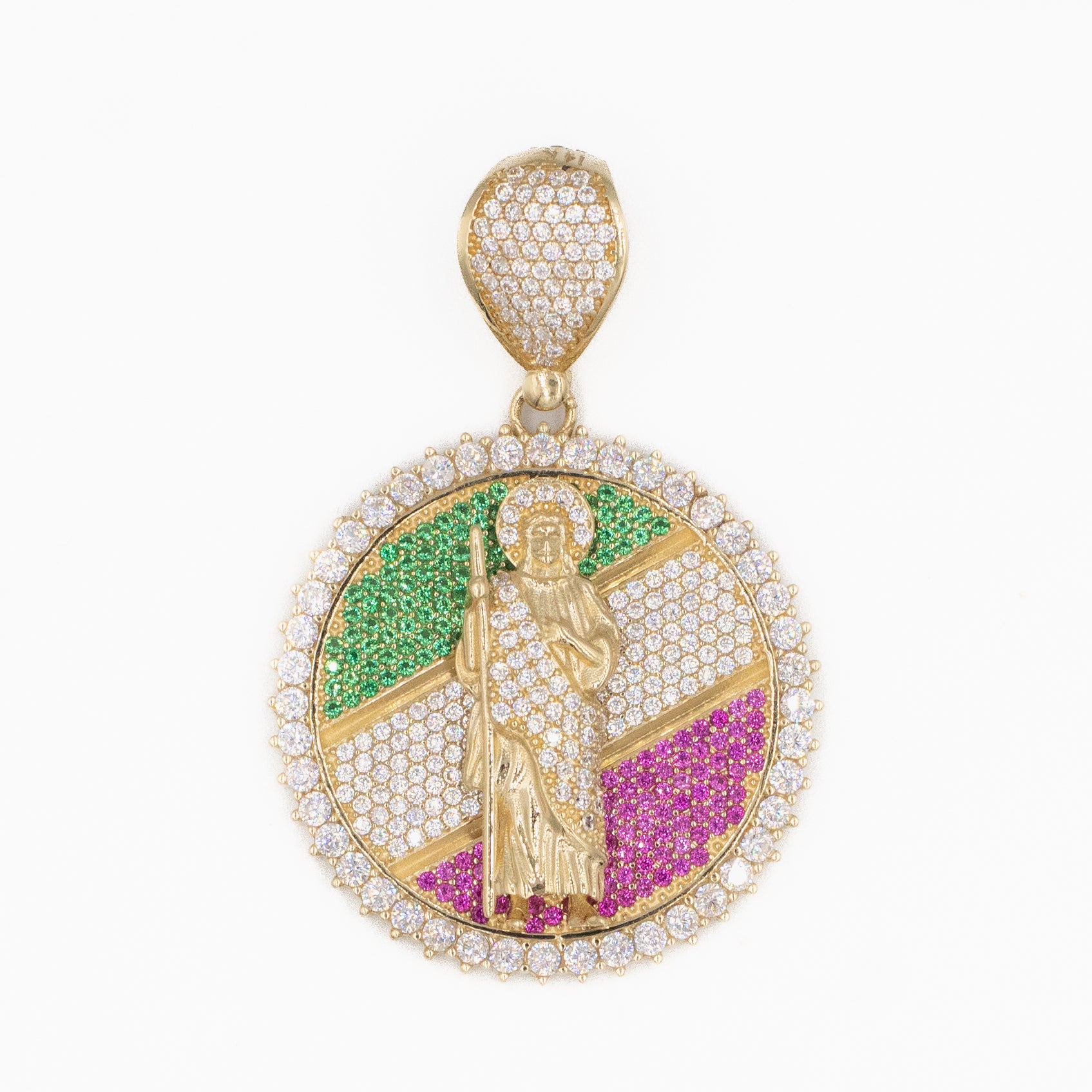 MEDALLA DE SAN JUDAS HUECO CON PIEDRA ZIRCONIA ORO 14K