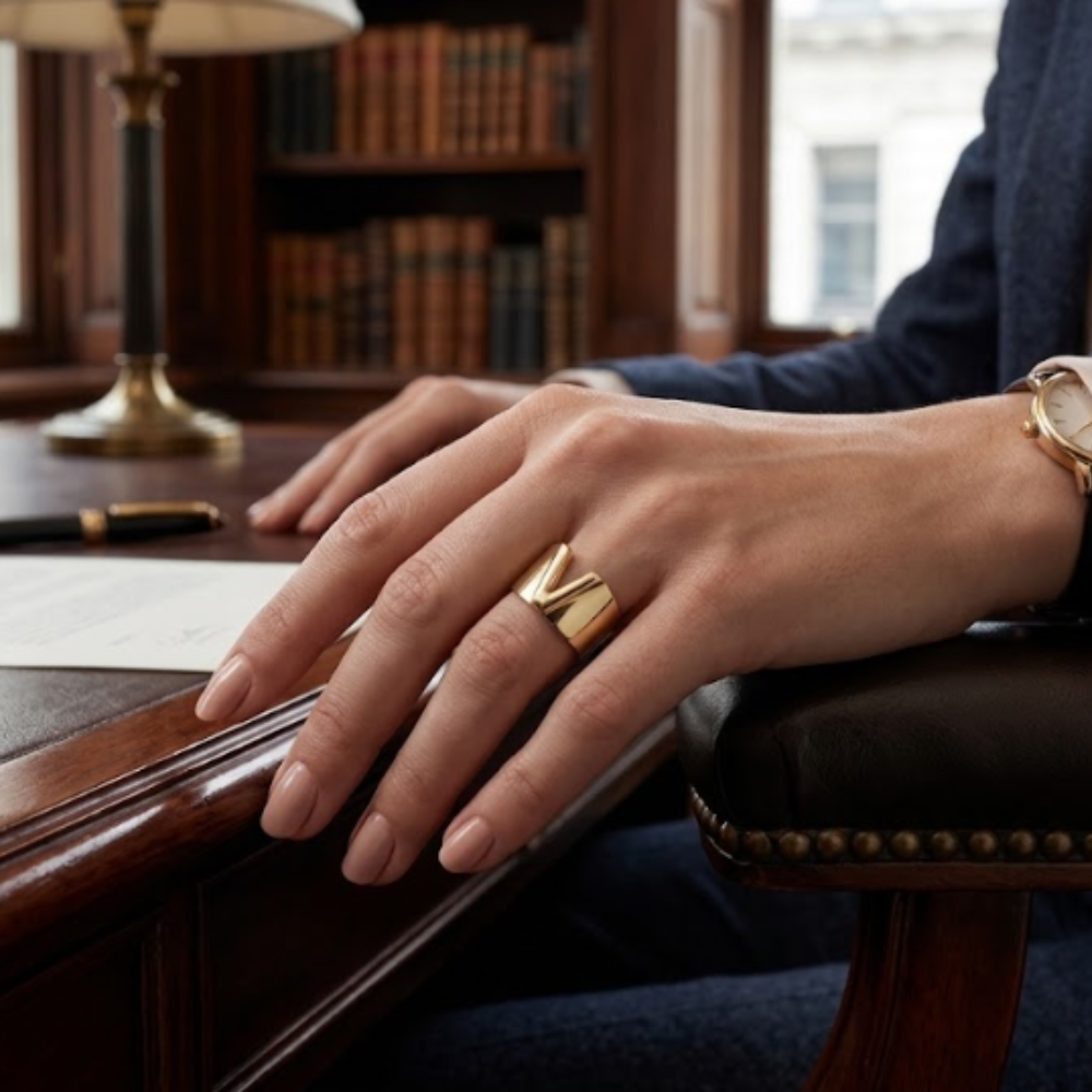 ANILLO V LIZA MARCA DE DISEÑADOR ORO 14K